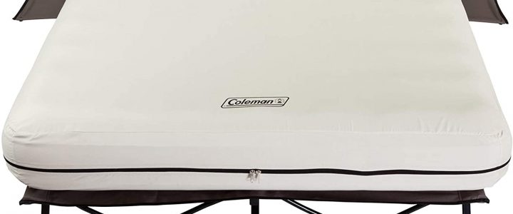 Coleman camping cot air mattress and pump combo with side tables