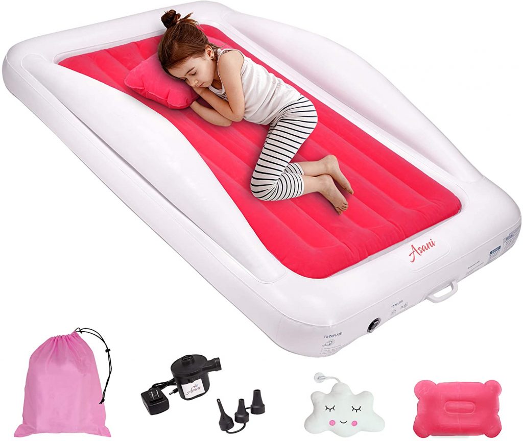 Inflatable toddler travel bed with electric pump