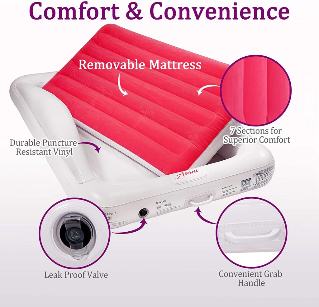 Inflatable toddler travel bed with electric pump features